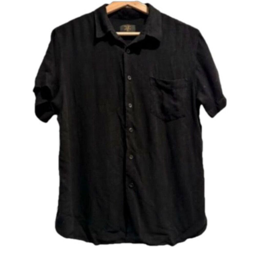 ID Menswear Black Button-Up Short Sleeve Shirt Tag Fits M/L Collared Casual